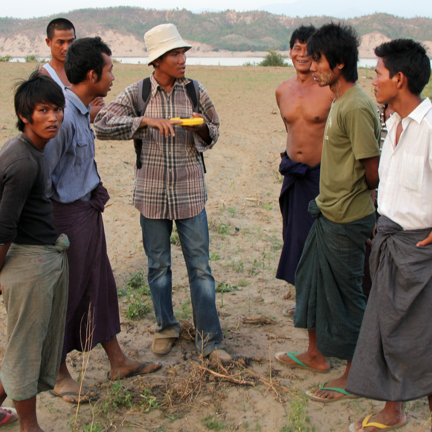 “My name is Lin Thu Aung and I work for the Myanmar Earthquake Committee – the only such organisation in Myanmar and manned entirely by volunteers. I am providing education about earthquakes to people such as these farmers who live along the fault.” 