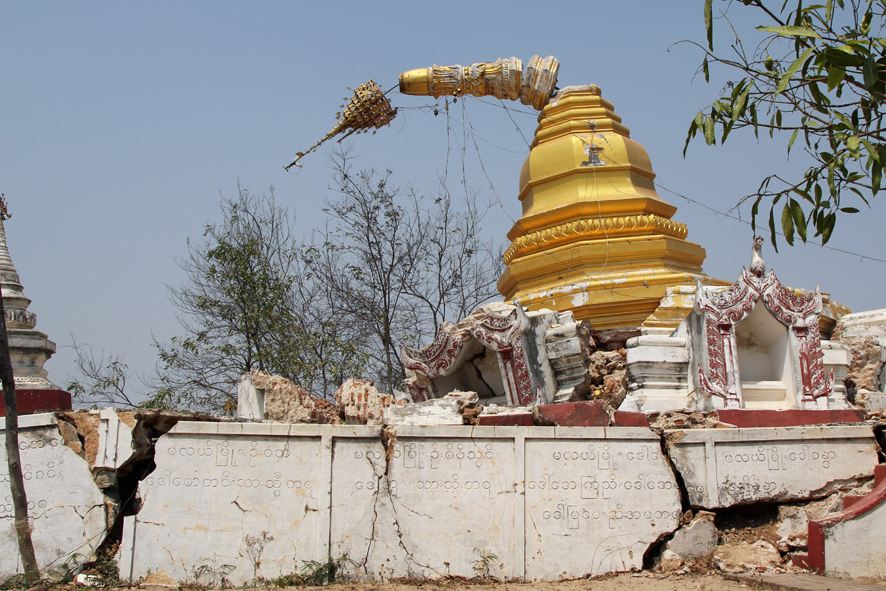 “I am Thein Taung pagoda. Perched on a precarious hill, my associated monastery and I sustained major damage during November. The monastery is being rebuilt and monks continue to live on these unstable slopes.”
